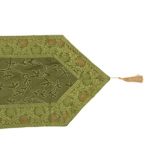 Image of E-EZRA Ari Zari Embroidery Table Runner for Dining Table 6 Seater 72IN Indian Satin Traditional Long Runner Up with Tassels Coffee Tablecloth for Room & Home Decor Runner (Green)