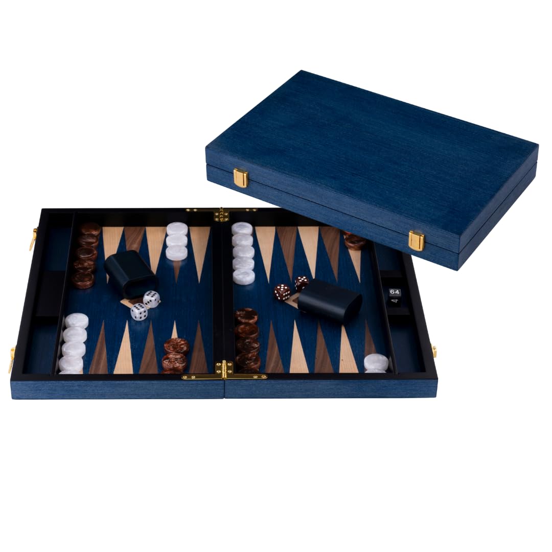 Engelhart-250555 – Backgammon Wooden 18 Inch (45.5 cm) Luxury Burl Wood Case Walnut Inlay – Open 52 × 45.5 cm – Brown/White Pieces – Dice & Cups – Traditional Board Game