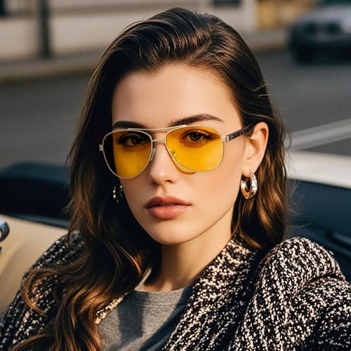 CARFIA Pilot Night Driving Glasses for Women Men, Trendy Night Vision Goggles Reduce Glare, Enhance Clarity for Safety CA32163