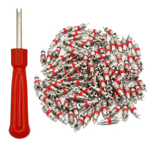 Image of 100Pcs Schrader Tire Valve Core and 1Pc Valve Core Removal Tool,Replacement for General Vehicles of Cars,Motorcycles,Bicycles and Trucks,Two Colors Seal Rubber Ring Available (Red)