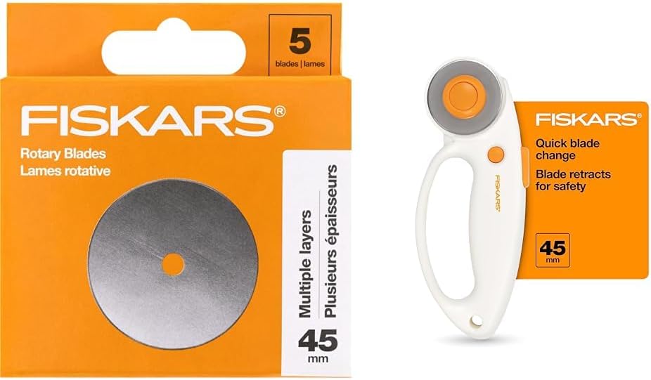 Fiskars 45mm Rotary Blades (5 Pack) - Rotary Cutter Blade Replacement & 45mm Quick Change Rotary Cutter for Fabric - Steel Rotary Cutter Blade - Craft Supplies