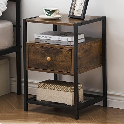 Industrial Nightstands for Bedroom, Wood Bedside Table Night Stands with Drawer, Narrow End Side Table Storage Shelves for Living Room, Rustic Brown