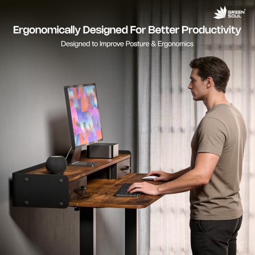 Image of Green Soul Elevate Plus Electric Height Adjustable Table for Office Work | Integrated Storage Sit Stand Desk | Monitor Riser | 80 Kgs Load Capacity | 3 Year Warranty | Antique Wood
