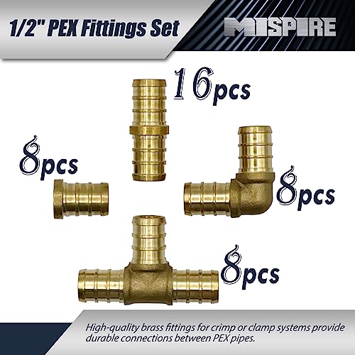 Image of 1 /2 Inch PEX Fittings 40pcs, 16 Coupler, 8 Elbow, 8 Tee and 8 Plug, PEX Brass Crimp Fitting Combo, No-Lead Brass for PEX Pipe Plumbing Projects by MISPIRE