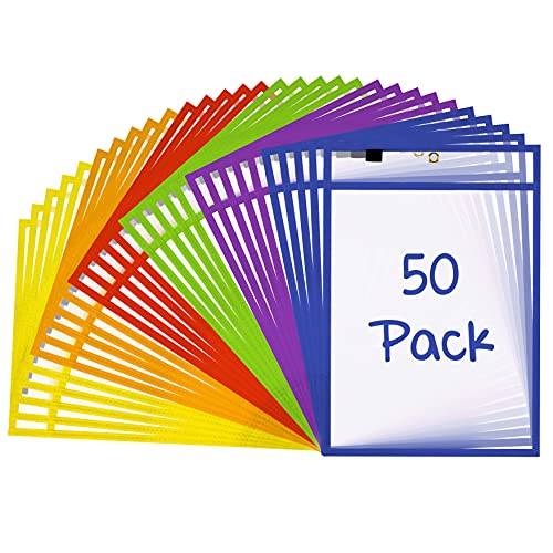 Scribbledo Dry Erase Pockets, 50 Pack Reusable Dry Erase Sleeves with Marker Holder, Colorful Dry Erase Pocket Sleeves for School or Work, Assorted Colors Sheet Protectors and Ticket Holders