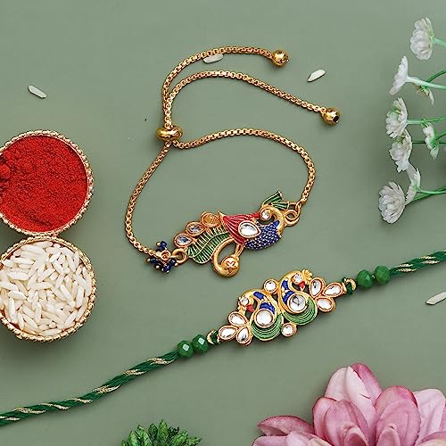 Image of eCraftIndia Set of 2 Peacock Designer Bracelet Rakhi for Brother and Bhabhi | Best Bro Ever Fridge Magnet | Roli Chawal Pack | Bhaiya Bhabhi Rakhi