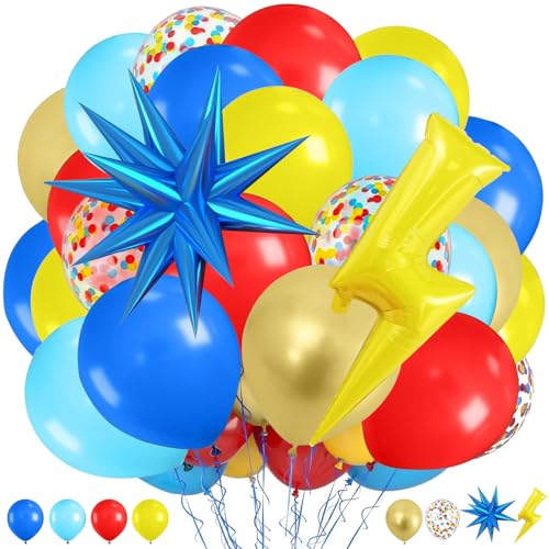37 Pièces Ballons Anniversaire, Latex Ballon Rouge Bleu Doré Jaune Confettis, Éclair Ballons en Aluminium Ballon Étoiles Explosif, Ballones Helium pour Baby Shower, Anniversaire Fête (C)