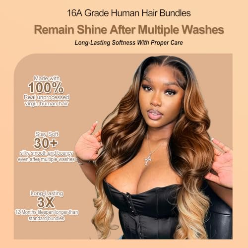 Image of 16A Ombre Body Wave Bundles Human Hair with Closure (16 18 20+14 inch) 100% Unprocessed Virgin Brazilian Ombre Brown Body Wave Human Hair Weave 3 Bundles with Closure