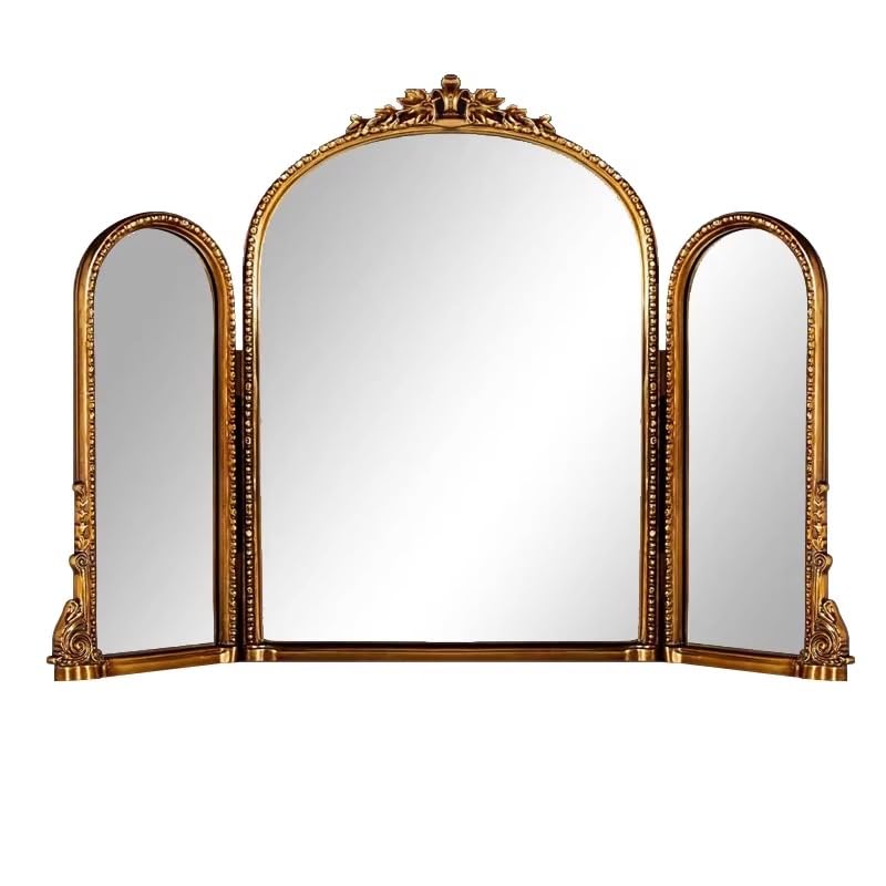 Triple-fold Bathroom Mirror Arch Bathroom Mirror Wall Mounted Vanity Solid Wood Frame Mirror for Bedroom Entryway Living Room