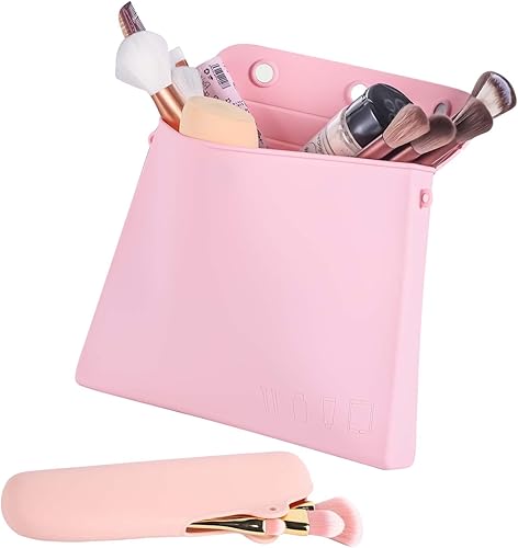 Miniatura 1 de Whisary Bolsa de maquillaje de silicona con soporte para brochas de maquillaje de viaje, bolsa de cosméticos de moda para mujeres, rosado (pink-3),