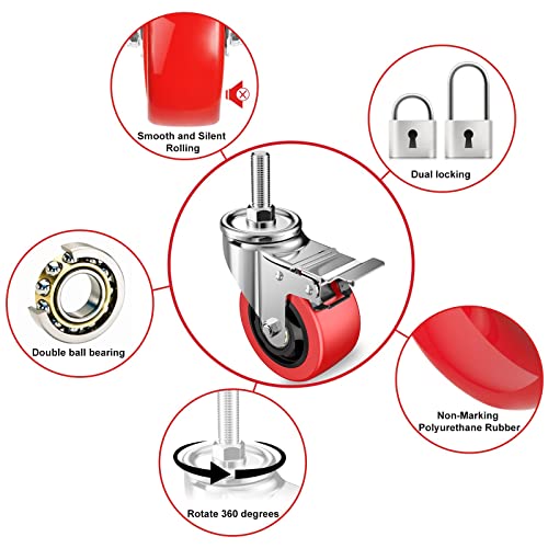Homhoo 3" Stem Caster Wheels With Safety Dual Locking, Heavy Duty Threaded Stem Casters, No Noise Swivel Castors With Brakes, 250 Lbs Load Capacity Per Caster(Set Of 4) Red #TOP3