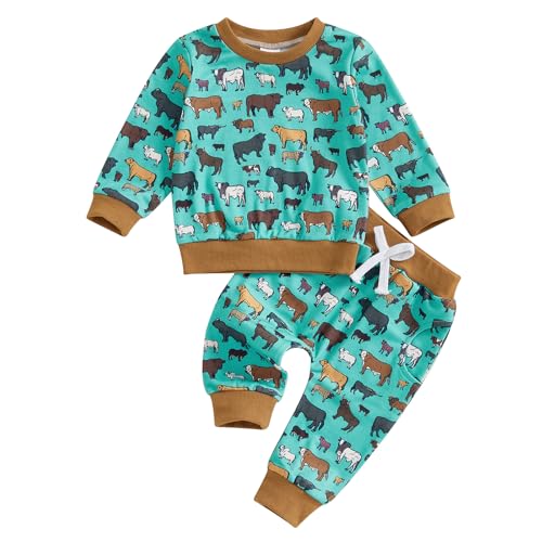 Image of Dewadbow Western Baby Boy Girl Clothes Highland Cow Print Outfit Long Sleeve Sweatshirt Top Elastic Waist Pants Outfit Set (Dark Green, 0-6 Months)