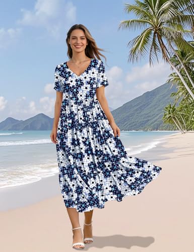Image of YESNO Women's Summer Maxi Dresses Casual Floral Short Sleeve V Neck Boho Beach Vacation Swing Dress with Pockets EVF