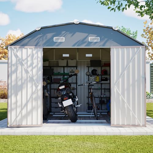 Image of YOPTO 10x12 FT Outdoor Storage Shed,Heavy Duty Metal Shed W /Floor Frame & 2 Windows,Garden Shed W / 4 Air Vents,Diamond-Shape Roof & Lockable Door,for Backyard,Patio,Lawn,Brown