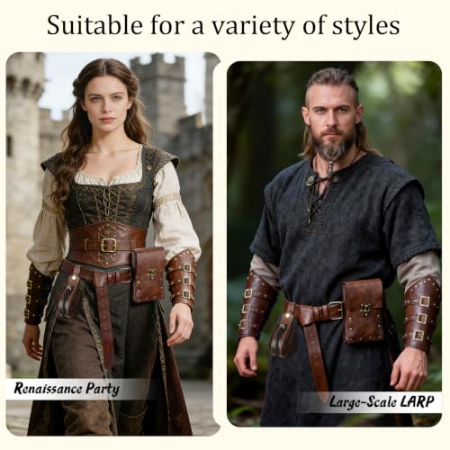 Image of Renaissance Belt Pouch Medieval Viking Leather Bracers Set for LARP