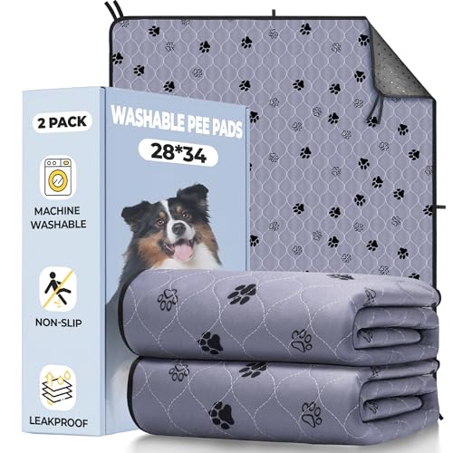 Fostanfly Washable Pee Pads for Dogs, 2 Pack 28''x34'' Large Ultra-Absorbent and Leak-Proof Non-Slip Reusable Potty Training Pads for Dogs, Puppy and Cats of Add 8 Lanyards