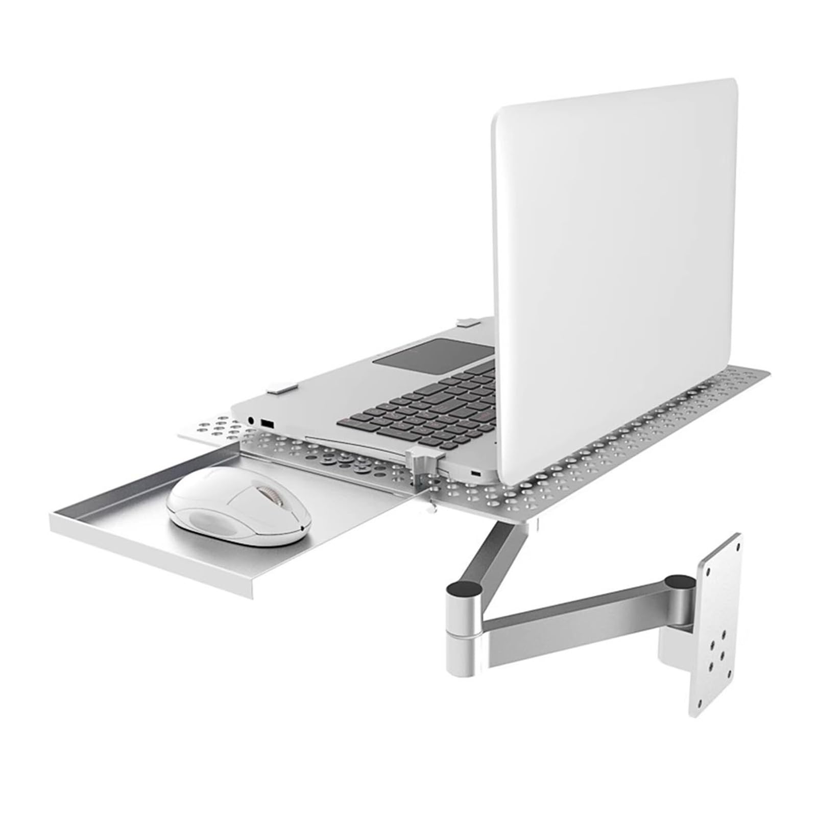 Soporte de pared para laptop, soporte ajustable con bandeja para mouse, plataforma de refrigeración ventilada, bandeja de portátil de movimiento completo, capacidad de peso de 8 kg para estación de