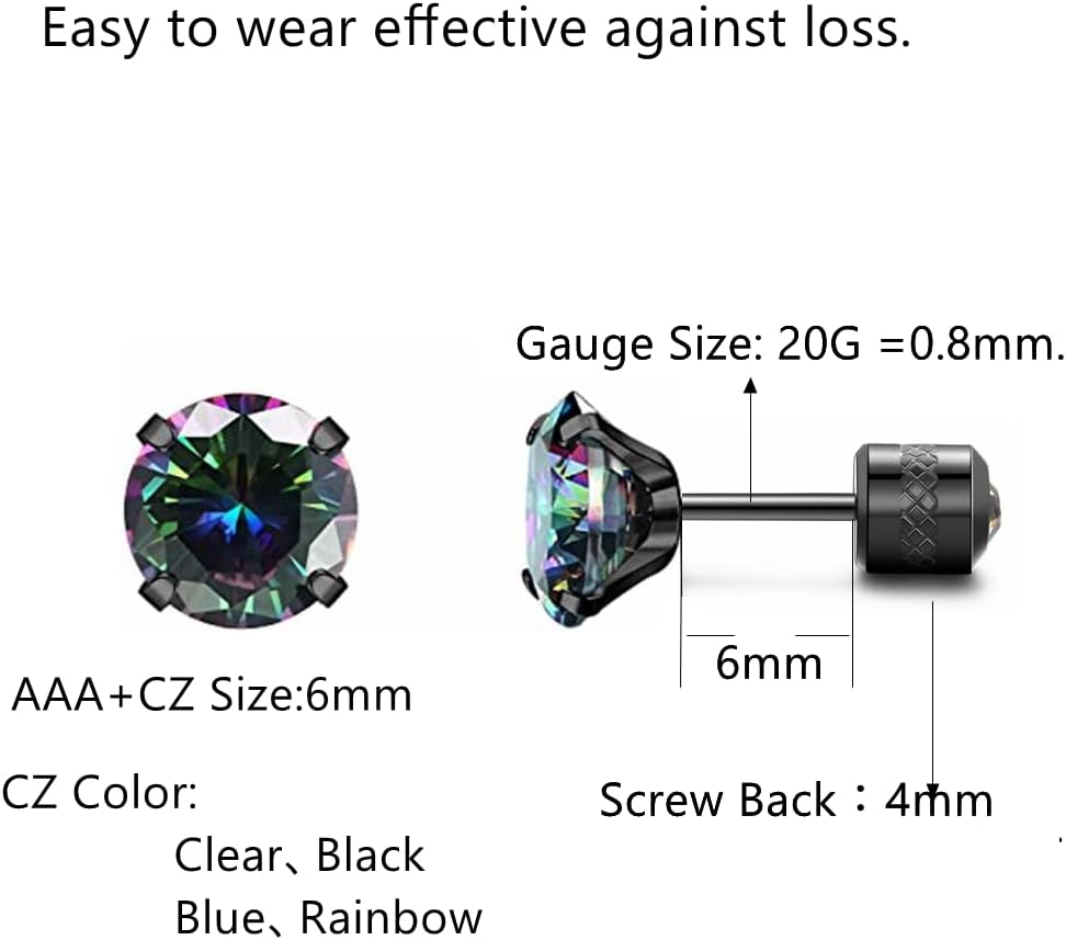 4 Pairs Titanium Flat Back Earrings for Women Men, Surgical Stainless Steel 5A Cubic Zirconia Stud Earrings Double Side CZ Sleeper Hypoallergenic Earrings for Sensitive Ears 6mm - Image 2