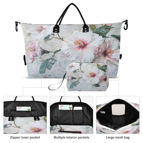 White Flower Vintage Large Travel Duffle Bag Weekender Overnight Bags Gym Yoga Bag for Women Men with Toiletry Bag2