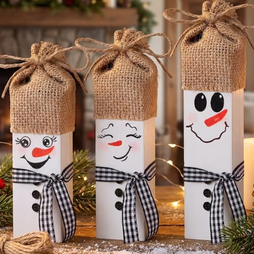 Yousoontic 3 piezas de decoración de mesa de muñeco de nieve de Navidad, letrero de madera con sombrero, bandeja escalonada de invierno, centro de mesa de Navidad, decoración rústica de invierno para