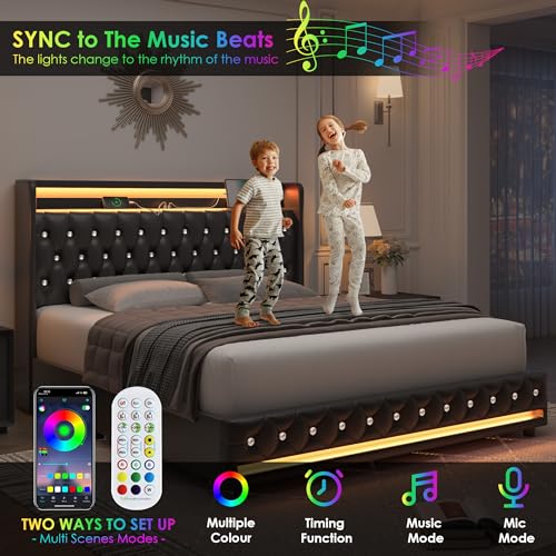 Glam Queen Bed Frame with LED, Charging Station, Storage Drawers, Crystal Button Wingback Headboard, No Box Spring Needed - Black