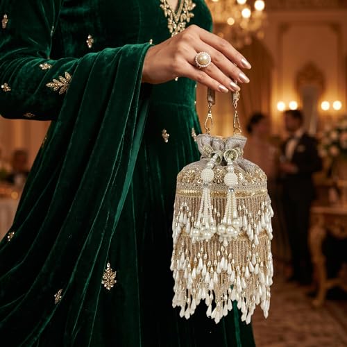 Image of Nevis Silk Fabric Designe Fringe Potli Bag with Pearl Tassels & Beaded Handle | Luxury Ethnic Drawstring Clutch for Wedding