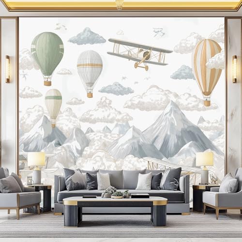 Fondos de pantalla con imágenes panorámicas Dibujos Animados Avión Montañas Globo Aerostático Decoración de pared decorativa para el dormitorio del hogar 200 x 140 cm para decoración multiusos Vistoso