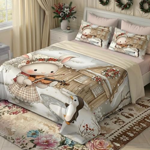 Image of 7D Fairy Tale Cute Rabbit Collection Double Bedsheet 90x100 inch with 2 Pillow Covers | Good Stitching, Soft Fabric & Vibrant 7D Digital Print for Kids & Couples (Sky Blue)
