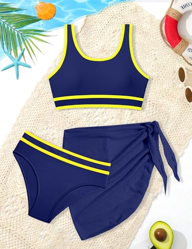 Image of Girls Swimsuit Double Strap High Waist Sporty Bikini Swimsuits Swim Cover Up Skirt 3 Piece Set