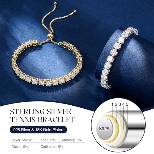 1.2-12 CTTW Moissanite Tennis Bracelet for Women, Adjustable 2-5mm D Color VVS1 Round Cut Moissanite Bolo Bracelet, 18K Gold Plated 925 Sterling Silver Simulated Diamond Bracelet Gifts for Women Her4