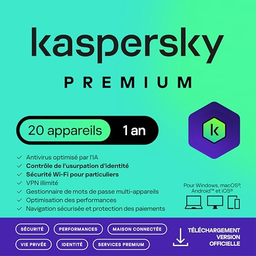 Kaspersky Premium Total Security 2026 | 20 appareils | 1 an | Anti-Phishing et Pare-feu | VPN...