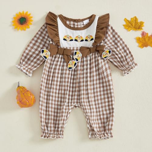 Newborn Baby Girl Thanksgiving Turkey Smocked Gingham Romper Long Sleeve Ruffle Plaid Jumpsuit One Piece Outfit2