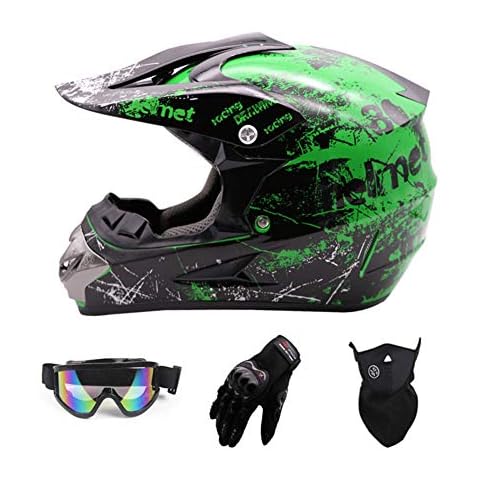 SanQing Motocross helmet,Full Face Motocross Quad Crash Helmet ECE Downhill Dirt Bike MX ATV Adult Motorbike Helmet Gloves, Goggles, Mask 4 Piece Set,Green,M Cover