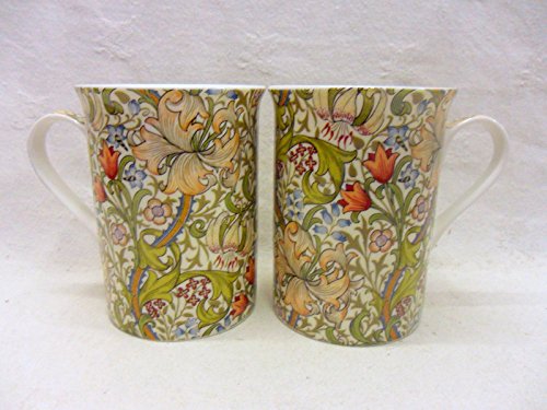 Heron Cross Pottery "Abbeydale Collection" Gold Set Of 2 China 10Oz Mugs In William Morris En Lilly Design