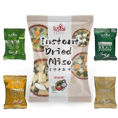 Fusion Select Freeze Dried Miso Soup Packets - Variety Pack with 4 Flavors - Vegetable, Shallot, Tofu & Okra Flavored Japanese Instant Miso - Just Add Water - 8 Single Serve Soup Packs, 2 per Flavor