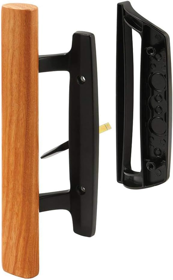 Mortise Style Reversible Sliding Patio Door Handle Set with Oak Wood Interior Handle and Exterior Pull in White Diecast Finish Fits 3-15/16” Screw Hole Spacing, Non-keyed with Latch Locks (Black)