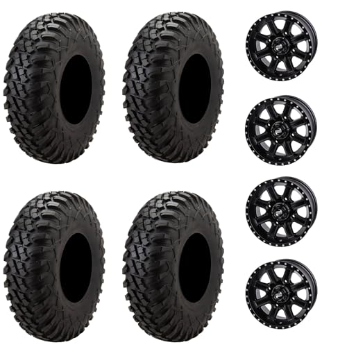 Tusk Racing Four 28x10-14 Tusk TERRABITE 8-Ply Radial UTV Tires mounted on Tusk CASCADE Wheels - For POLARIS applications - 4/156 bolt pattern - Includes Lug Nuts (4+3 Wheel Offset, Matte Black)