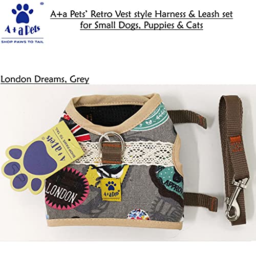 Image of A+a Pets' Retro Vest Harness & Leash Set | No Pull, No Escape, Breathable, Cute Combo for Puppies, Small Dogs, Cats (London Dreams, Grey, XL)
