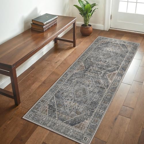 GENIMO Rug Washable Rugs Runner Rug 80x200CM,Oriental Ethnic Pattern Short Pile Boho Carpet with Non Slip Backing for Hallway,Kitchen Corridor Staircases, Grey,