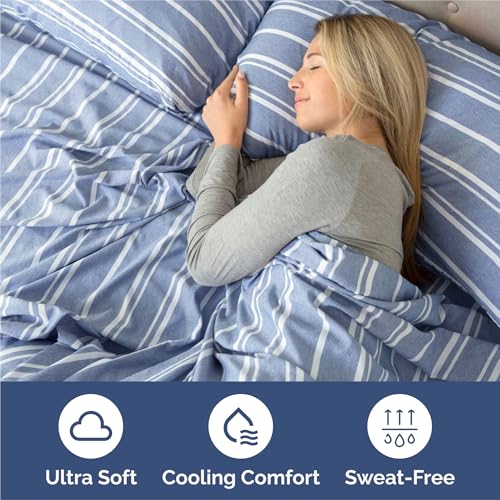 Image of Split King 7 Piece Bed Sheet Set - Breathable & Cooling - Blue Stripes | Ultra-Soft Hotel Luxury Bedding Set w / 8-16 Inch Deep Pockets, 1 Flat & 2 Fitted Sheet & 4 Pillowcases, Wrinkle & Fade Free