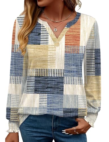 Rapbin Damen Bluse Langarm Tops Elegant Locker V-Ausschnitt Oberteile Shirt Casual Herbst Tunika (M,Oranger & Blauer Druck)