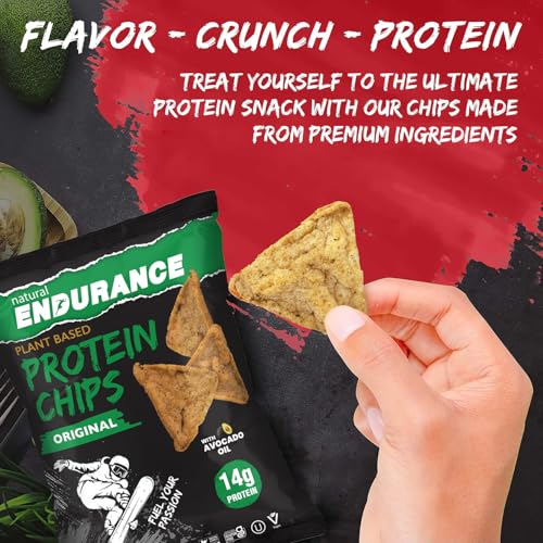 Natural Endurance Protein Chips - Low Carb Chips, High Protein Snack, Vegan Protein with Avocado Oil, 14g Protein Per Bag, Gluten Free, Original Flavor - 1.38 oz Bags (Pack of 12)