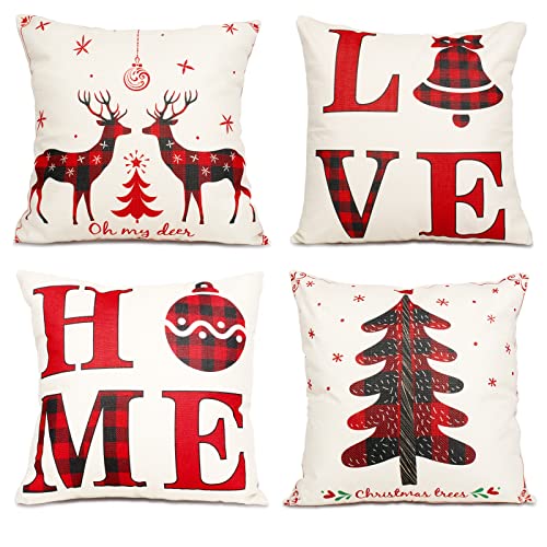 DUGEHO Juego de 4 Fundas de cojín navideñas, Alce y árbol de Navidad, Funda de Almohada de Lino de algodón para Navidad, para sofá Decorativo, Dormitorio, hogar (45x45cm) Cover