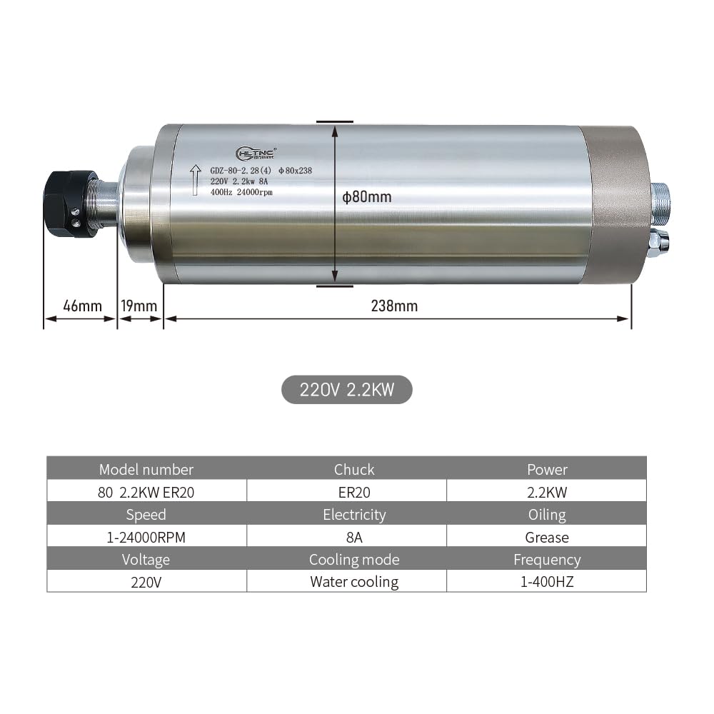 Motore a mandrino CNC, 2,2 kW, 2200 W, 220 V, 400 Hz, 24000 giri/min, mandrino raffreddato ad acqua da 2,2 kW, VFD + mandrino da 80 mm + pompa dell'acqua da 75 W + 13 prese ER20 (1-13 mm)