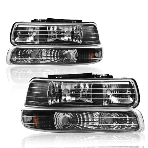 Image of GRAND ORANGE Front Headlight Bumper Lights Lamps 4pcs Compatible with Chevy Silverado 99-02 / Compatible with Chevy Suburban 2000-2006 Headlights Assembly Clear lens Black Housing Amber Reflector