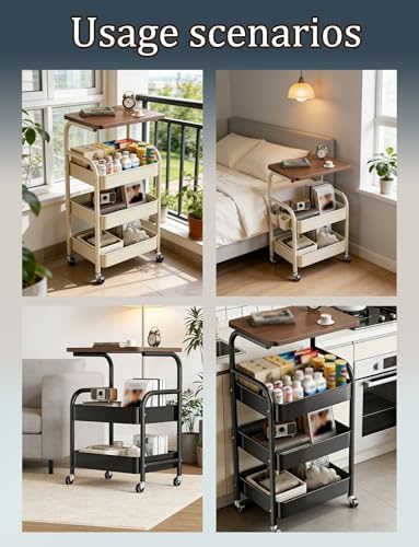 Multifunctional Rolling Cart on Wheels | Versatile Kitchen, Bathroom, Craft, & Side Table | Black Tea Trolley with Tabletop (1.44 x 0.98 x 3.38 ft)