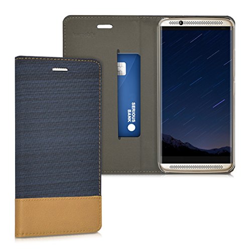 kwmobile Funda Compatible con ZTE Axon 7-Carcasa de Tela y Cuero sintético con Soporte en Azul Oscuro/marrón