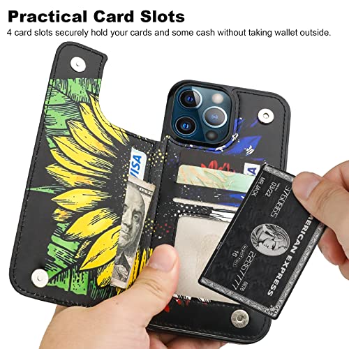 Image of HAOPINSH Compatible with iPhone 13 Pro Max Wallet Case with Card Holder, American Flag Sunflowers Pattern Back Flip PU Leather Kickstand Card Slots Case, Double Magnetic Clasp Cover 6.7 inch