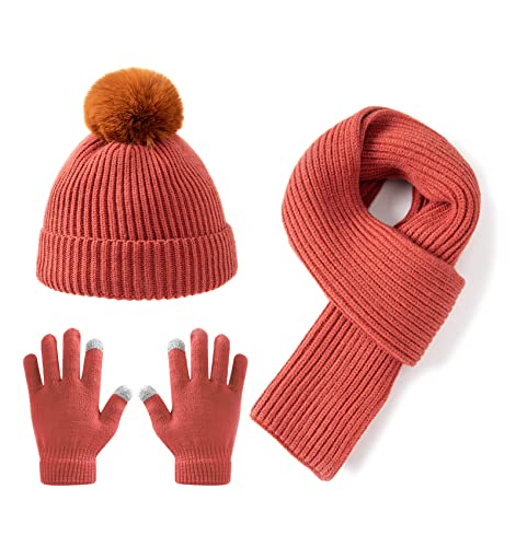 Lallier 3-teiliges Kinder-Set mit Mütze, Schal und Schneehandschuhen, Winter-Strickmütze, warme, weiche Pom-Pom-Mütze für Jungen, Mädchen und Kleinkinder (Ziegelrot) Cover