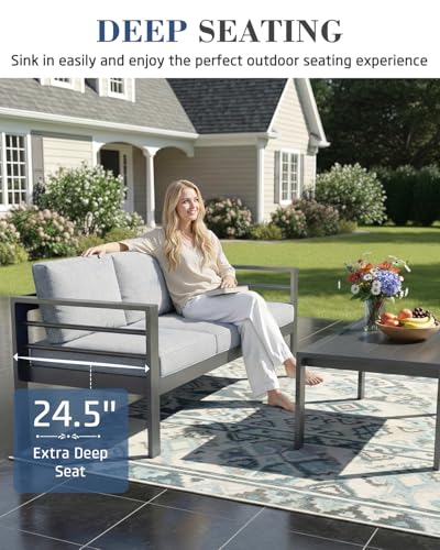 Image of AECOJOY Aluminum Patio Furniture Set, 5 Seats Modern Outdoor Furniture with Coffee Table, 4 Pieces Metal Conversation Sectional Sofa, Light Gray